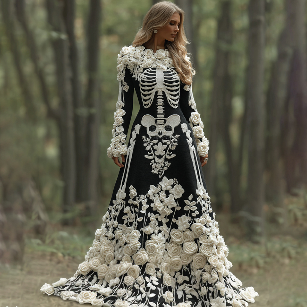 Women's Vintage Halloween Skeleton Bones With Rose Art Cozy Knitted Warm Long Sleeve Maxi Dress