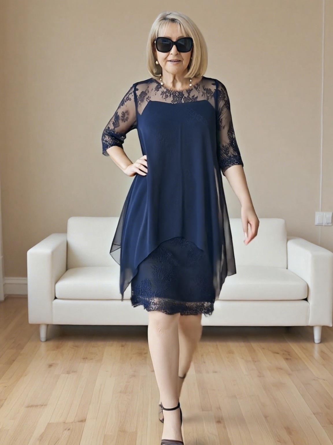 Brown Lace-Trim Layered Midi Dress