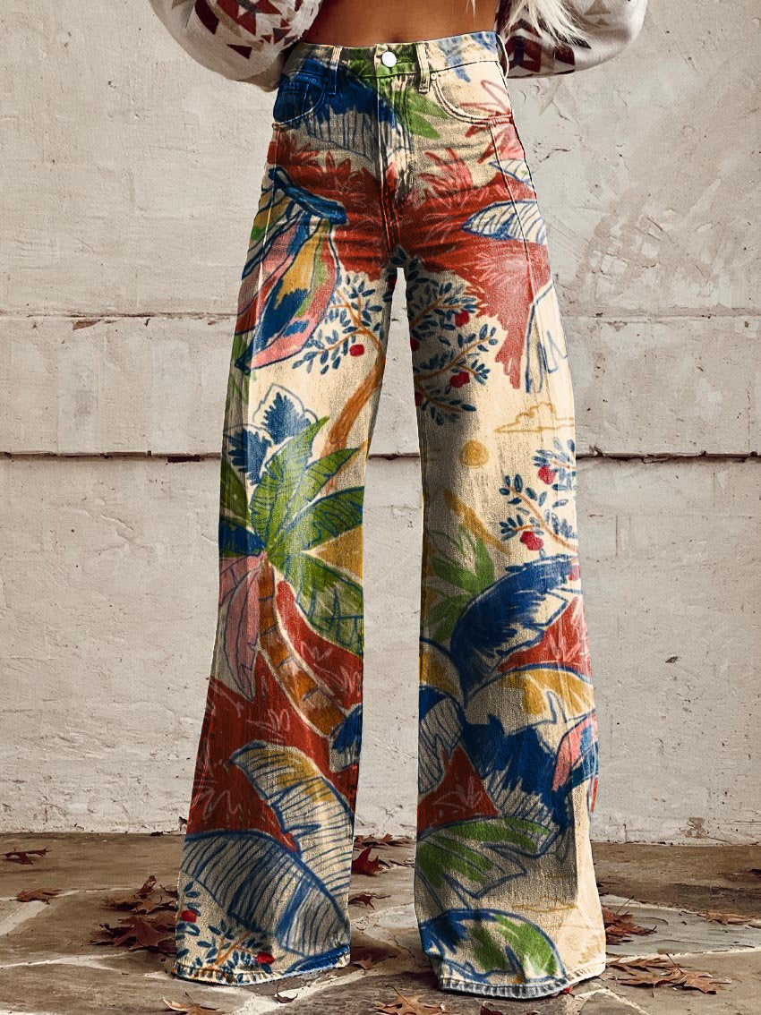 Retro Tropical Fruit Art Casual Wide-Leg Pants