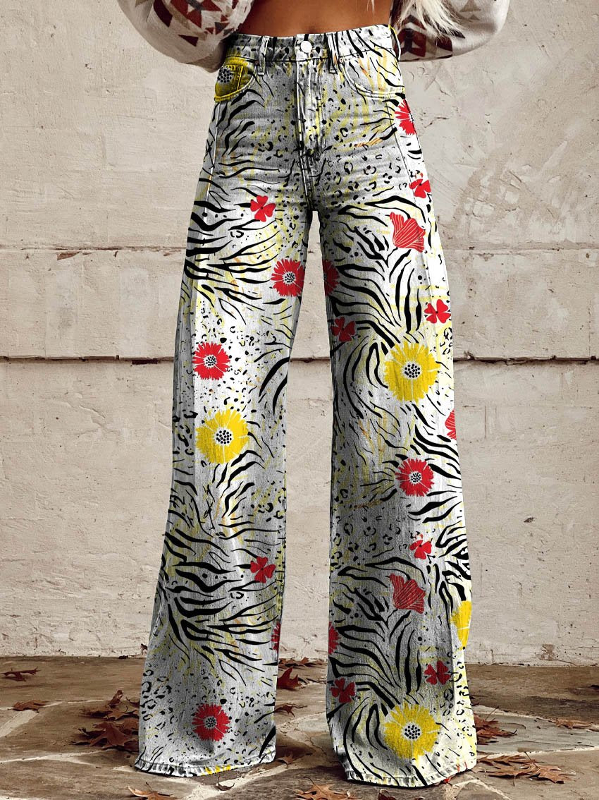 Daisy Leopard Print Casual Wide-Leg Pants