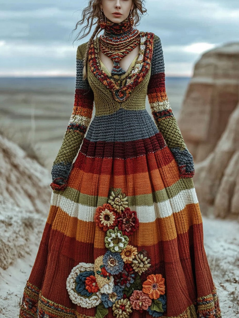 Vintage Floral Crochet Colorblock Cozy Maxi Sweater Dress