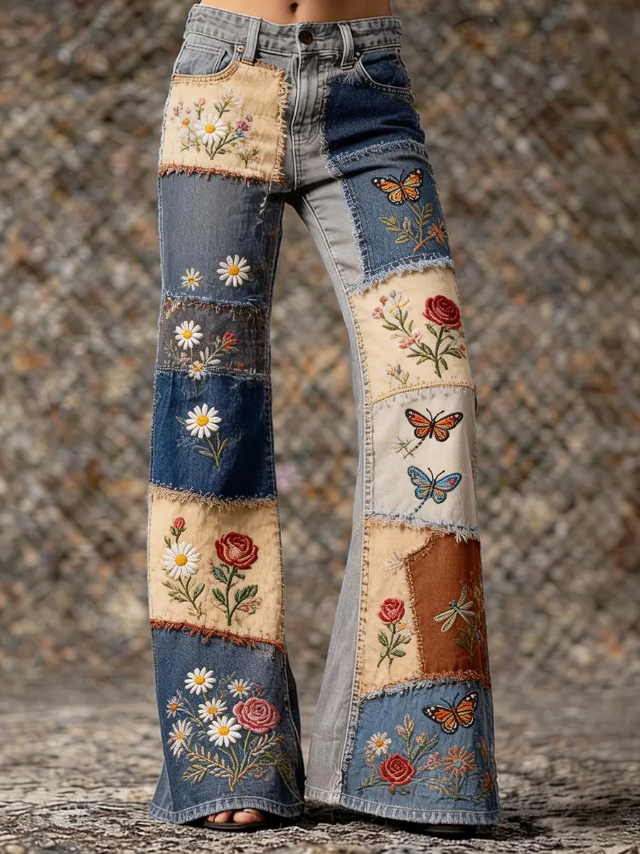 Retro Butterfly & Floral Color-blocked Art Print Casual Washed Cotton Pants