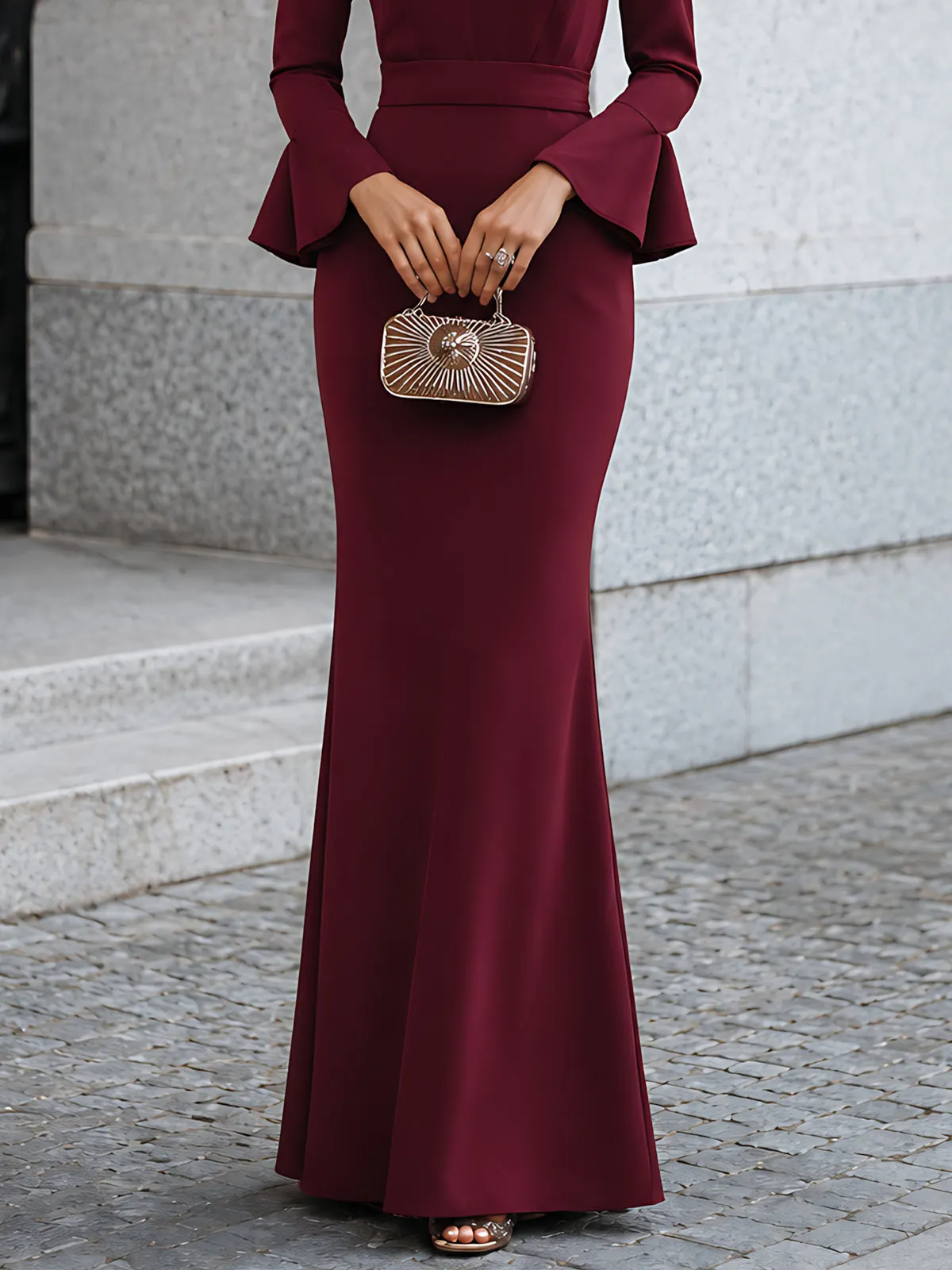 Burgundy Flared-Sleeve Mermaid Maxi Dress