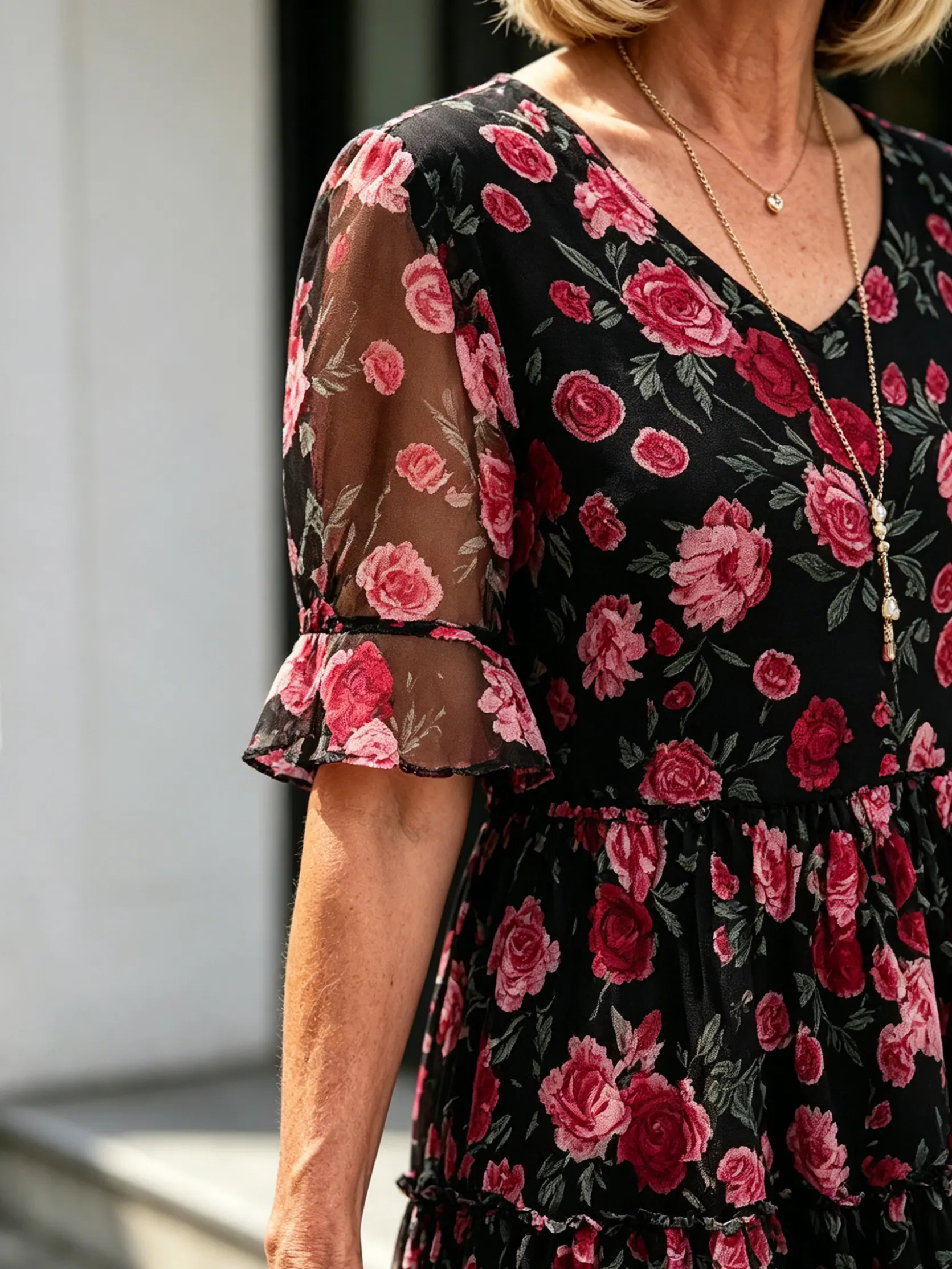 Black Floral Tiered Midi Dress