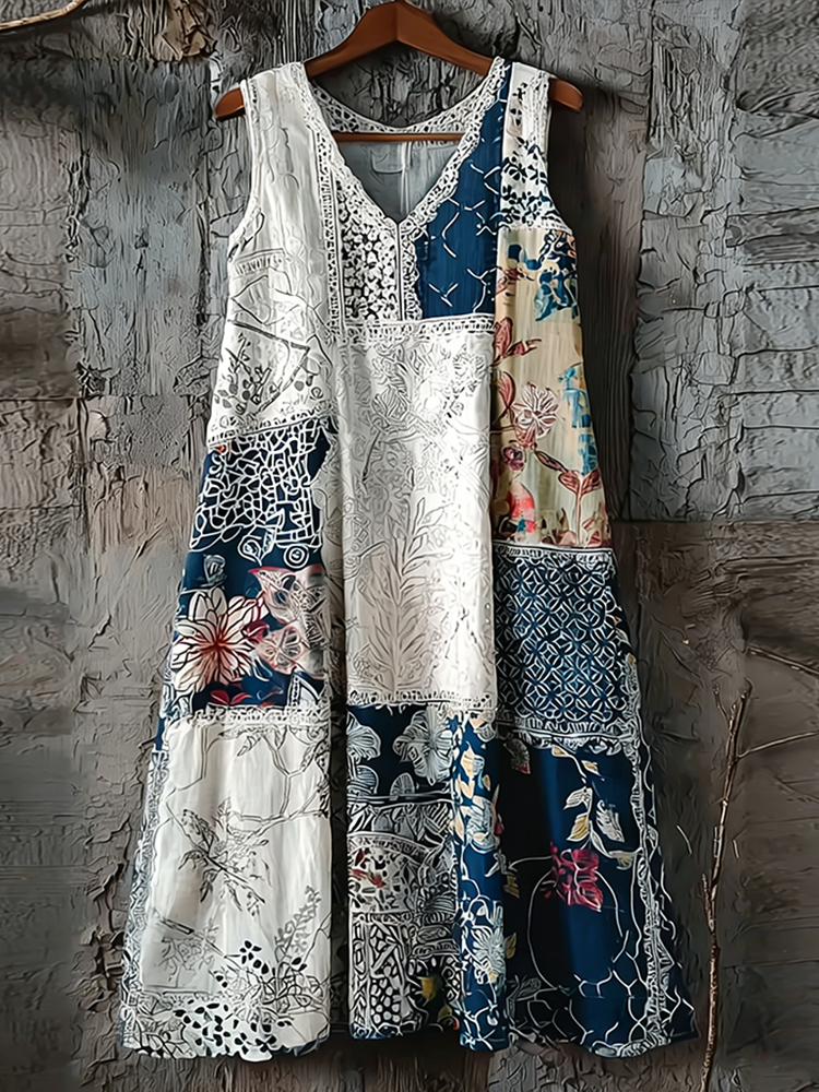Japanese Art Retro Style Geometric Patchwork Design Lace Patch Women's Cotton & Linen Dress