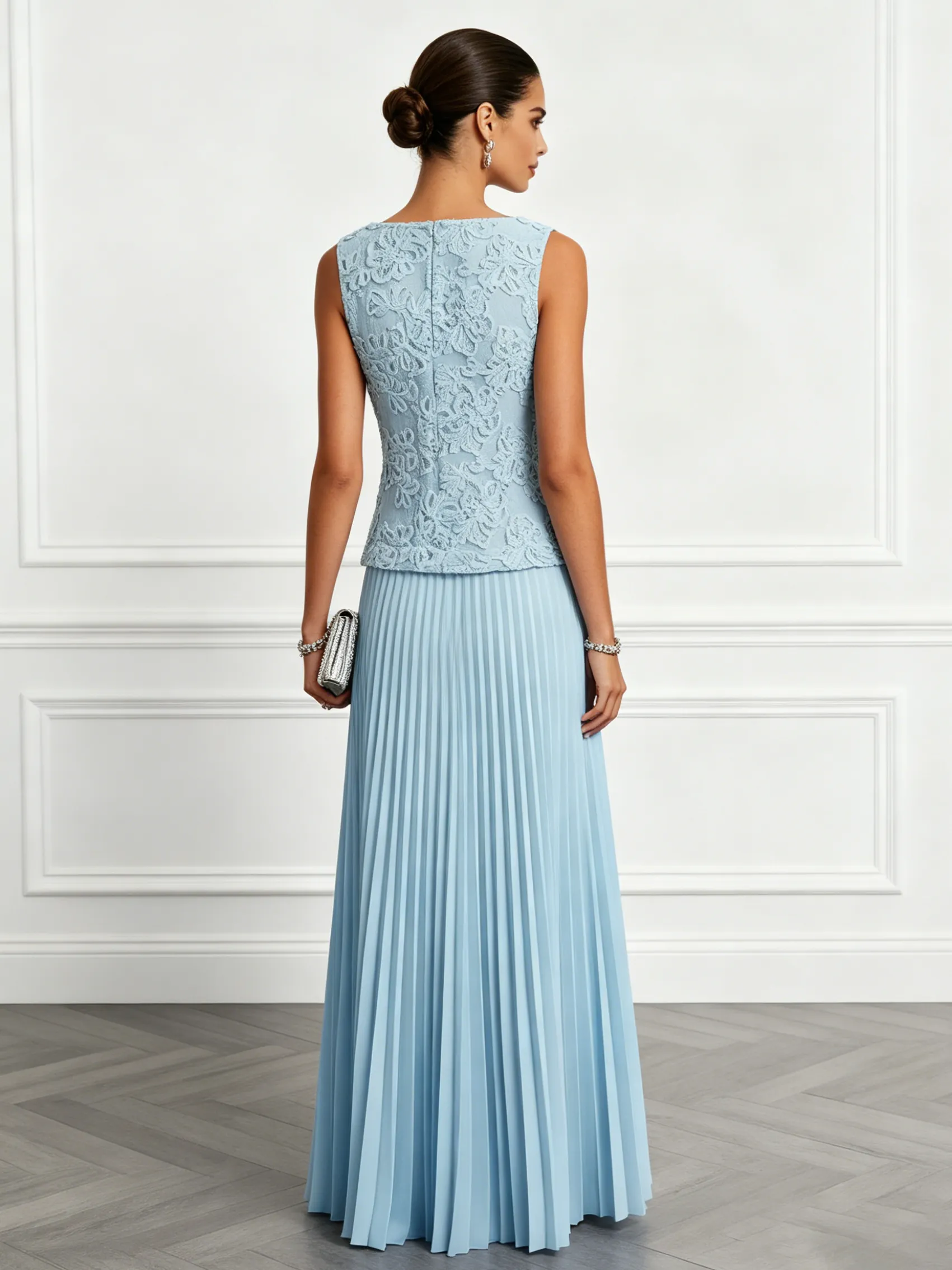 Light Blue Lace Jacquard Classic Boat Neck Sleeveless A-Line Floor-length Gown