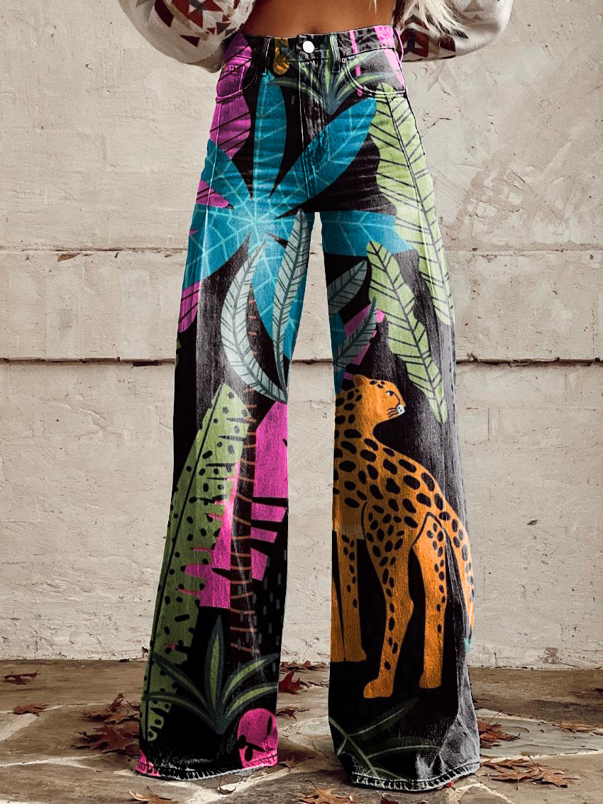 Retro Rainforest Animal Casual Wide-Leg Pants