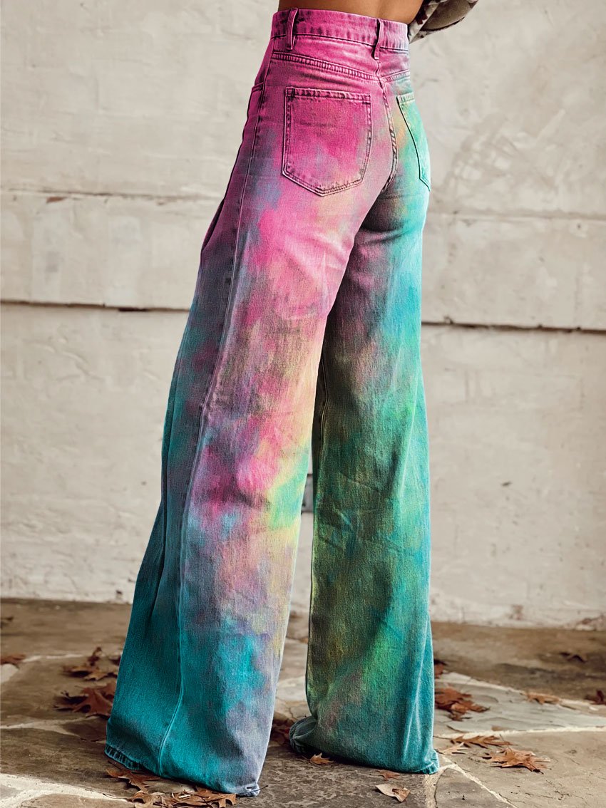 Vintage Print Casual Wide-Leg Pants