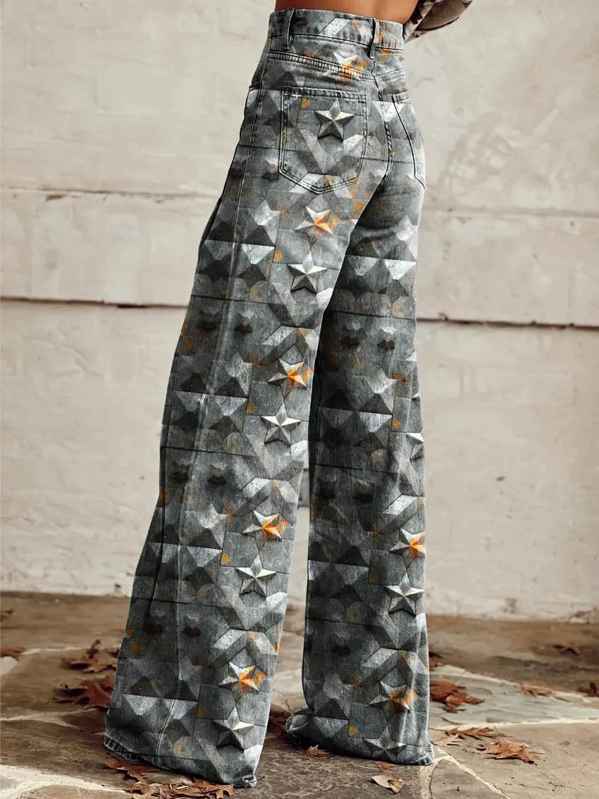 Plain Colour Star Geometry Print Casual Wide-Leg Pants