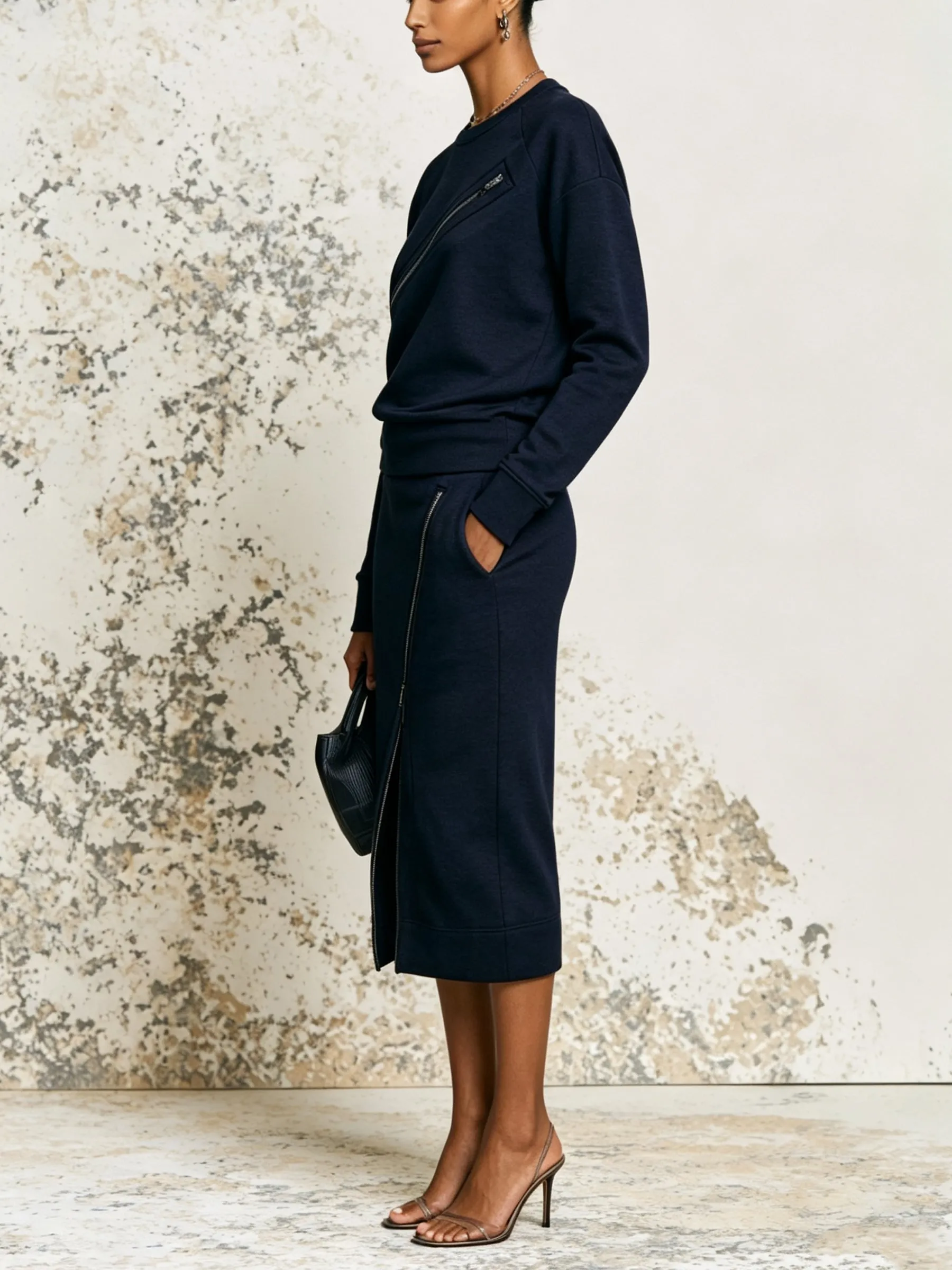 Minimalist Navy Detail Two-Piece Set – Long-Sleeve Top & Midi Skirt Elegant Co-Ord Outfit
