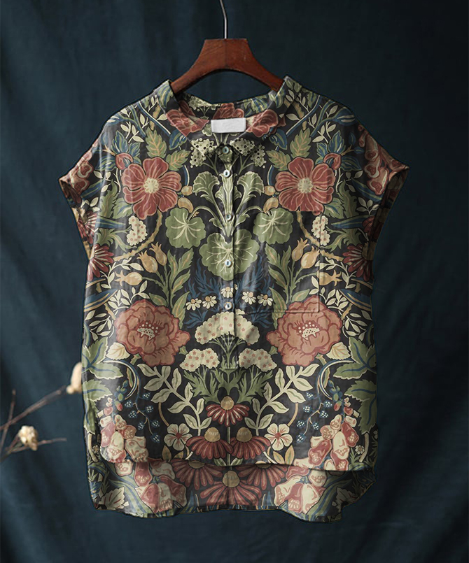 Vintage Floral Print Short-sleeved Cotton & Linen Shirt