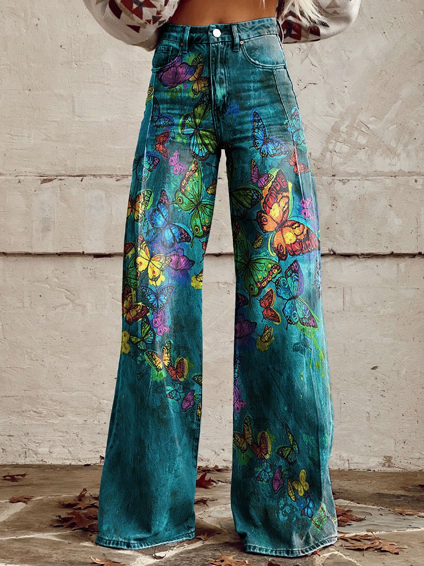 Vintage Western Cowboy Wild Print Casual Wide-Leg Pants