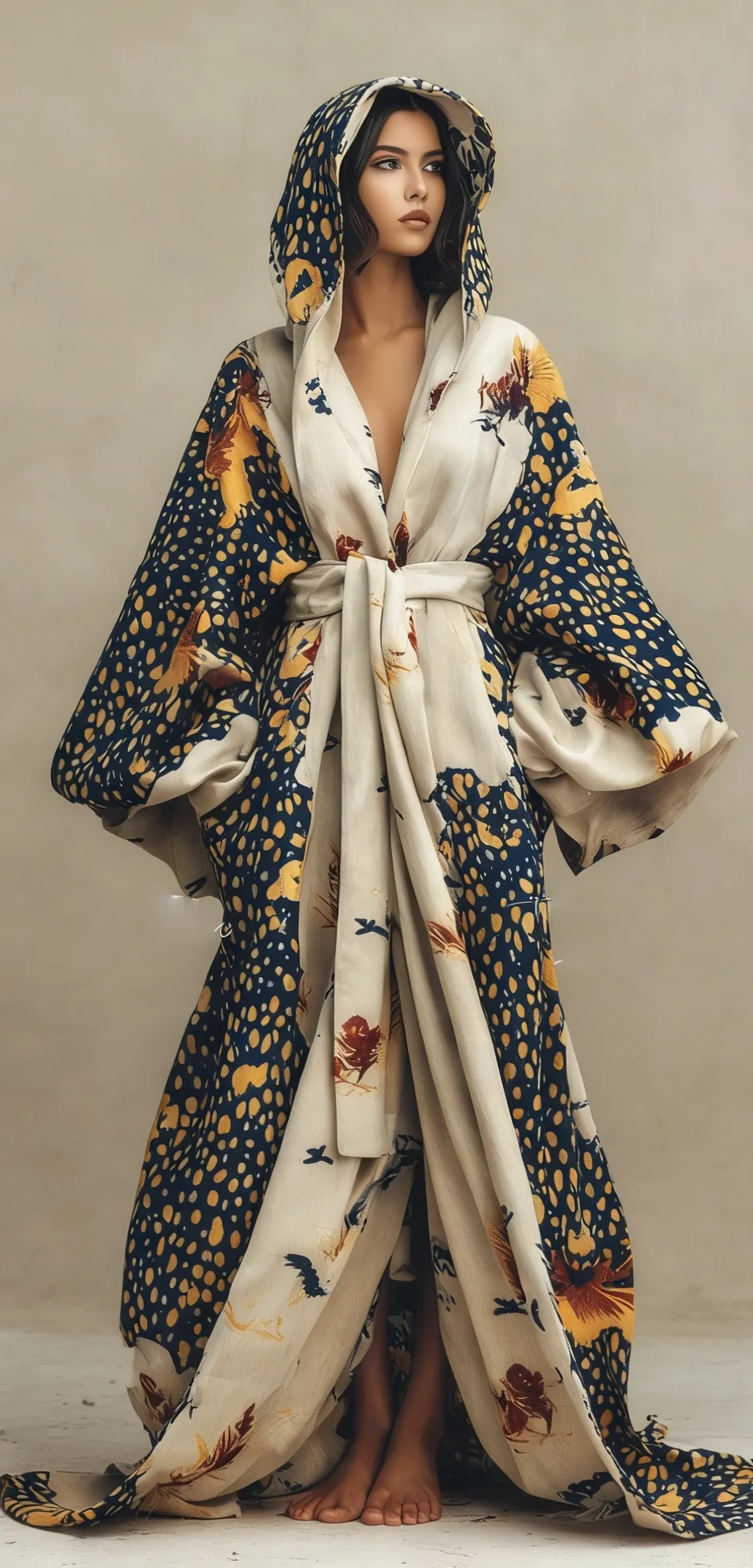 Women's Vintage Gorgeous Slim Floral Print Hooded Robe (belt Included)