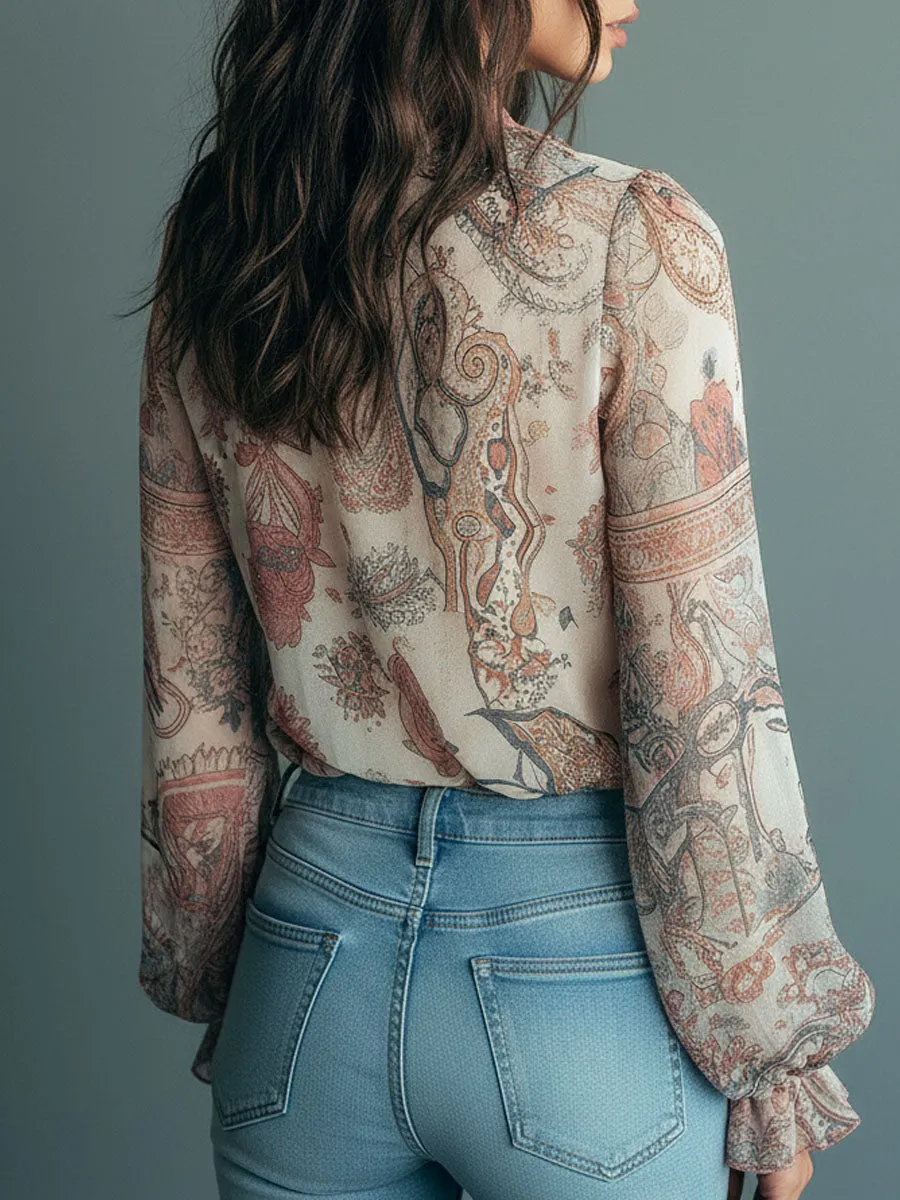 Vintage Bohemian Dusty Rose Lace Trim Chiffon Blouse