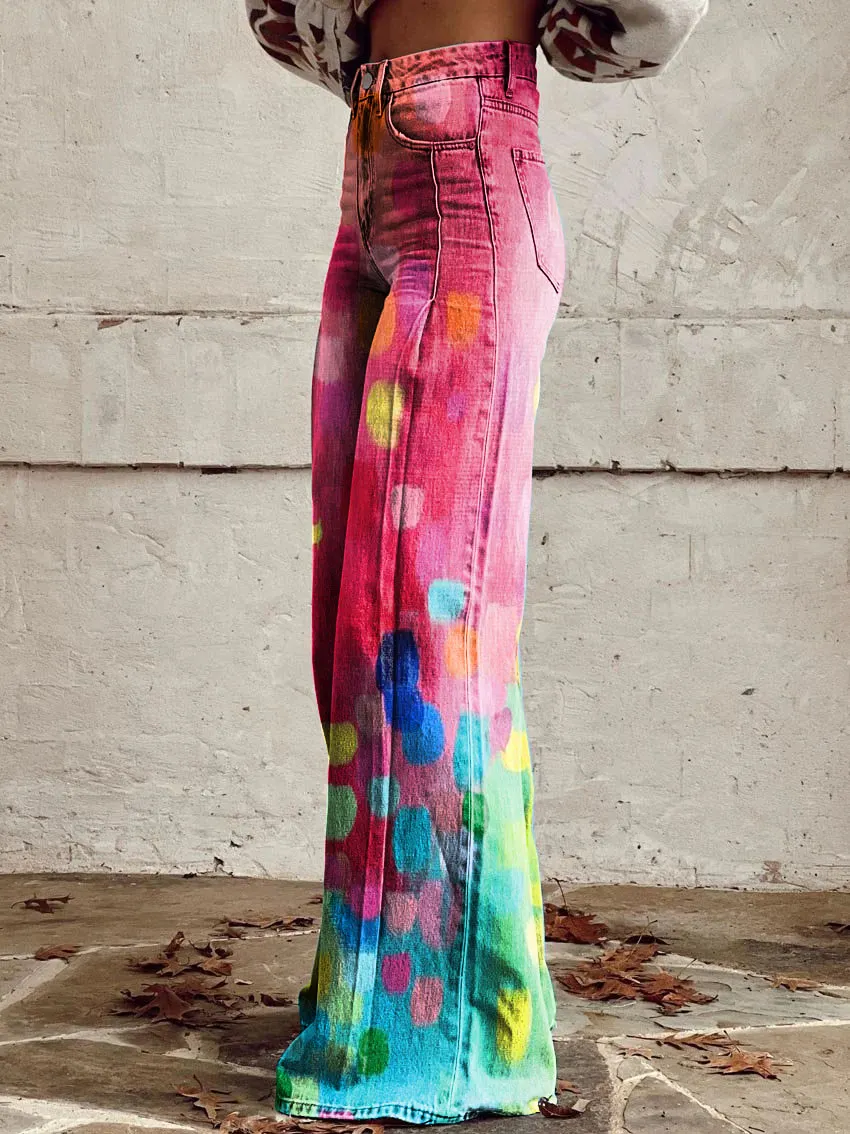 Bright Color Block Print Casual Wide-Leg Pants