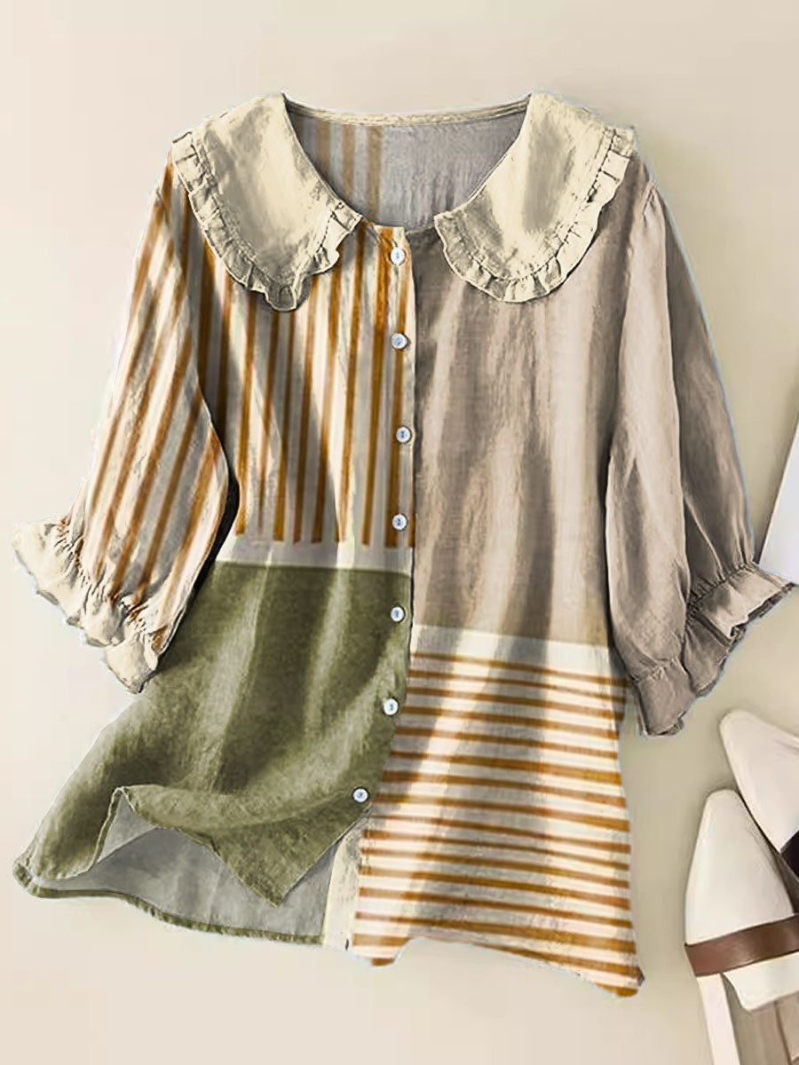 Geometric Line Pattern Art Print Casual Peter Pan Collar Cotton Shirt