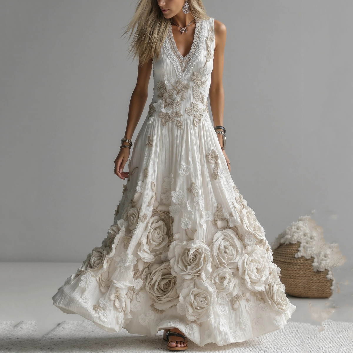 Women's Vintage Rose Art V-neck Sleeveless Maxi Dress