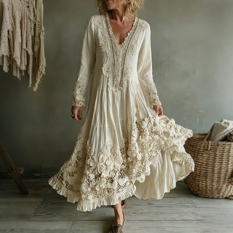 Women's Vintage Lace Floral Art Flowy Maxi Dress