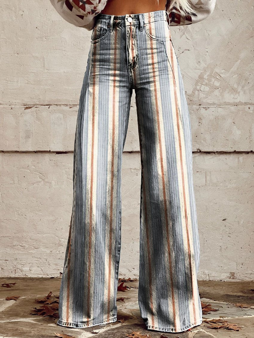 Vintage Print Casual Wide-Leg Pants
