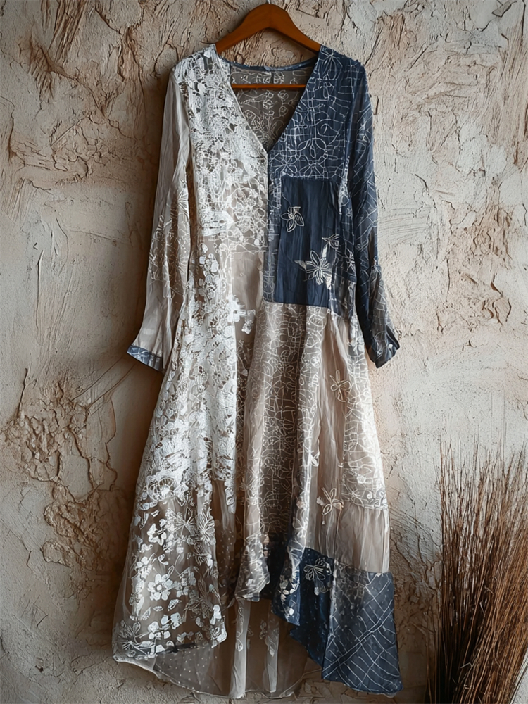 Japanese Floral Sashiko & Lace Flowy Maxi Dress