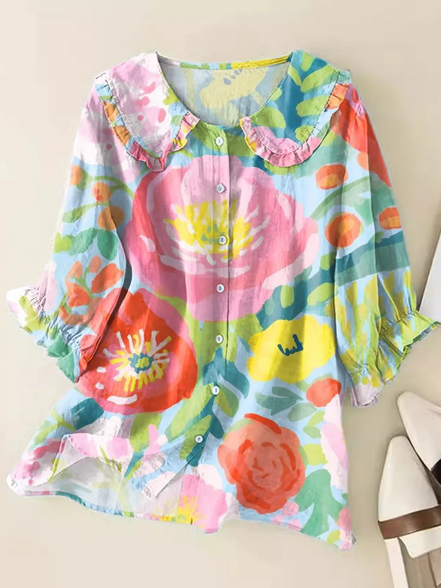 Fresh Floral Art Print Loose Top Peter Pan Collar Half Sleeve Blouses