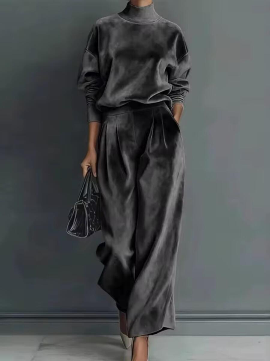 High-Neck Velvet Top & High-Waist Wide-Leg Pants Set – Relaxed Luxury Casual Set