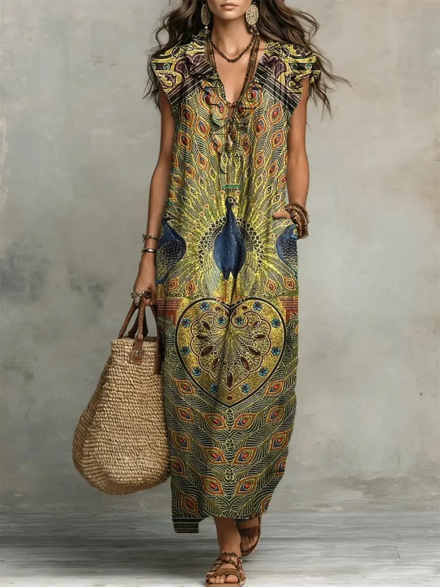 Peacock Print V-Neck Ruffle-Trim Maxi Dress