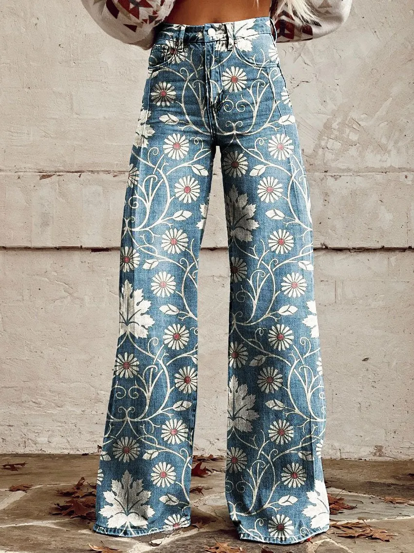 Vintage Print Casual Wide-Leg Pants