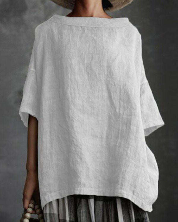 Boat Neck Half Sleeve Solid Loose Plus Size Casual Linen Tops