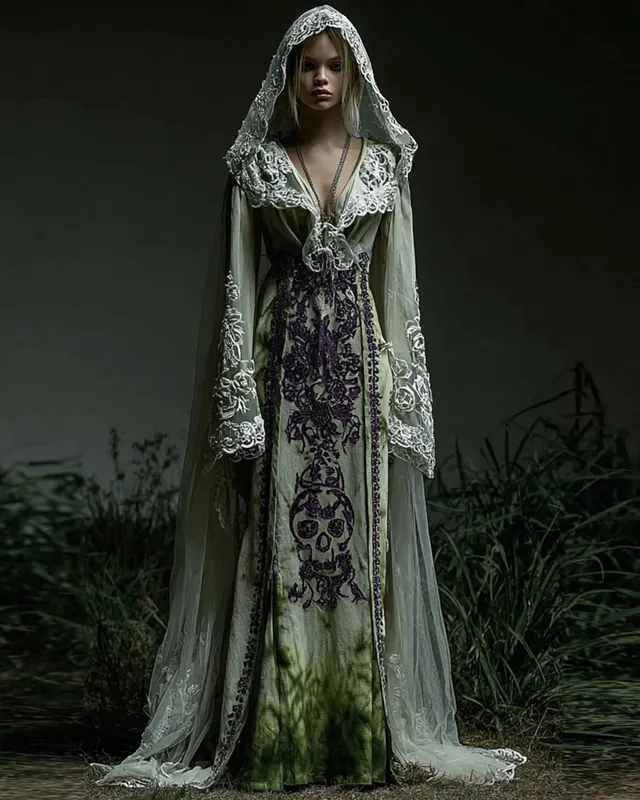 Bohemian style gradient skull lace patchwork hooded Evening Dress f1bc