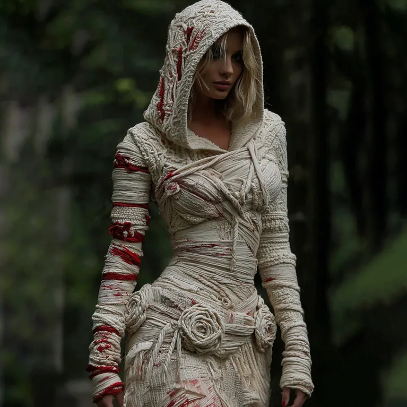 Women's Halloween Muscle Anatomy Bandage With Rose Art Cozy Knit Hooded Sweater Dress