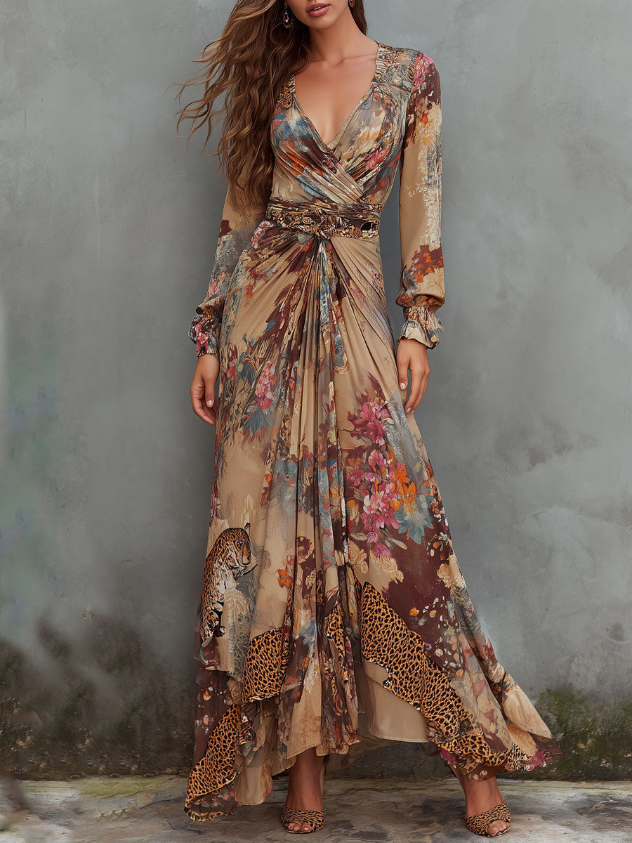Romantic Flow Bohemian Leopard& Floral Chiffon Maxi Dress