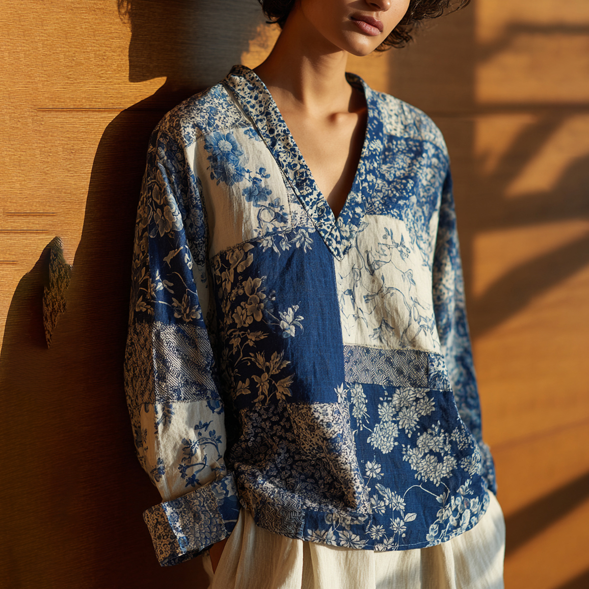 Vintage Japanese Traditional Sashiko Art Pattern Linen Blend Casual Tops