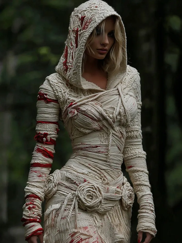 Women's Halloween Muscle Anatomy Bandage With Rose Art Cozy Knit Hooded Sweater Dress