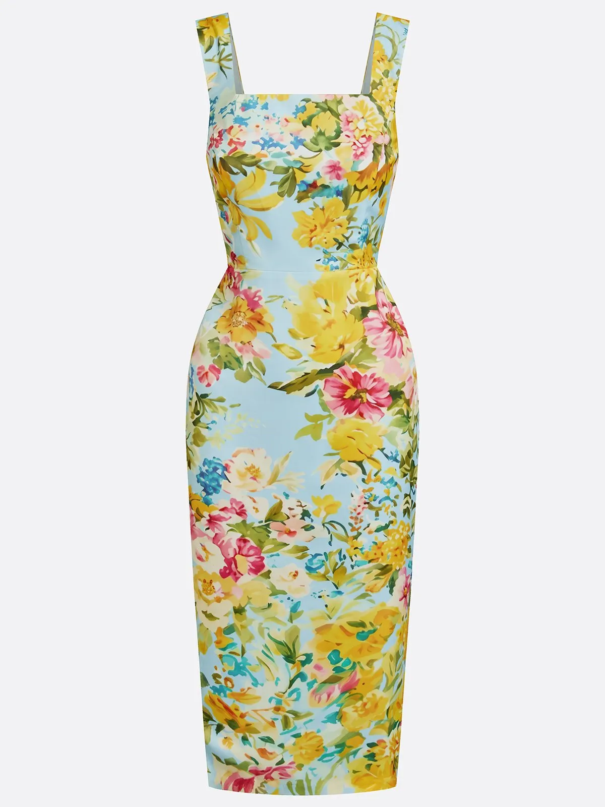 Light Green Floral Classic Square Neck Sleeveless Sheath Midi Dress