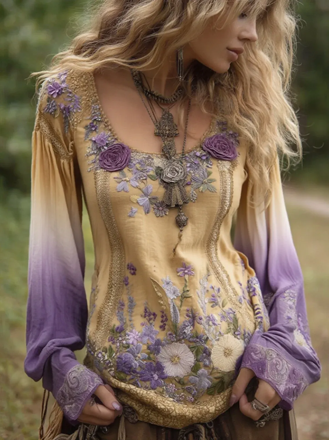 Classy Gradient Purple Lavender And Floral Embroidered Long Sleeve Shirt