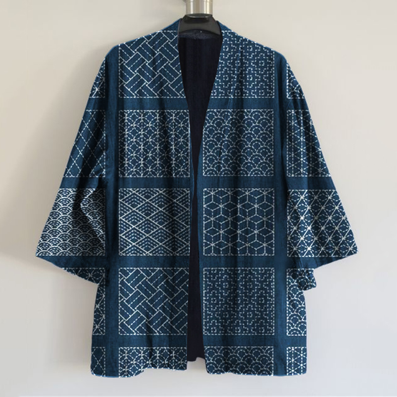 Japanese Traditional Sashiko Art Print Blend Kimono Cardigan