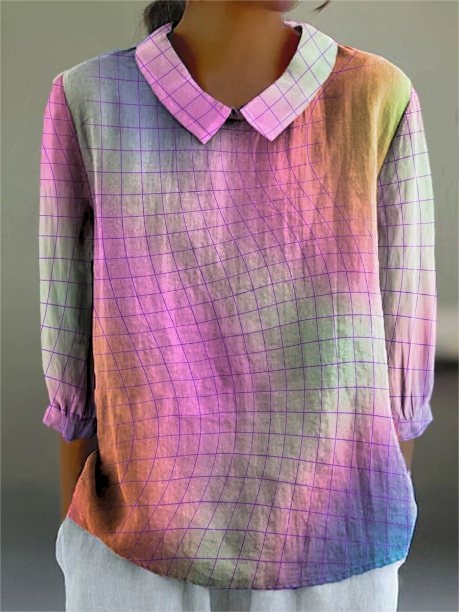Fashion Gradient Line Art Print Casual Cotton & Linen 3/4 Sleeve Shirt