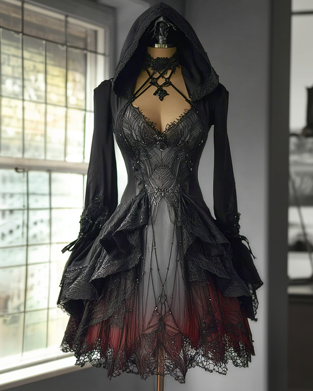Women's Boho Witch Spiderweb Embroidered Lace Patchwork Hooded Evening Dress 40a5