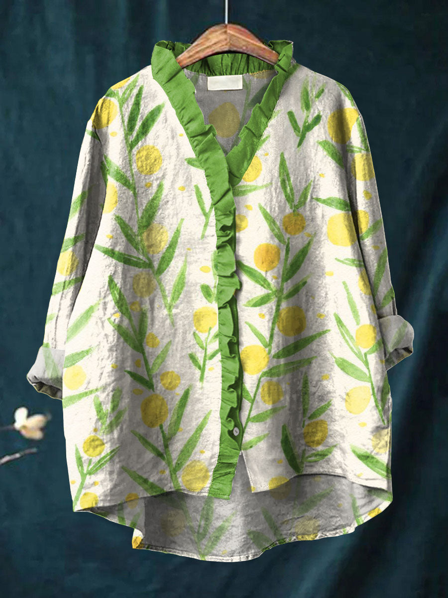 Simple Floral Art Print Casual Cotton & Linen Ruffle Shirt