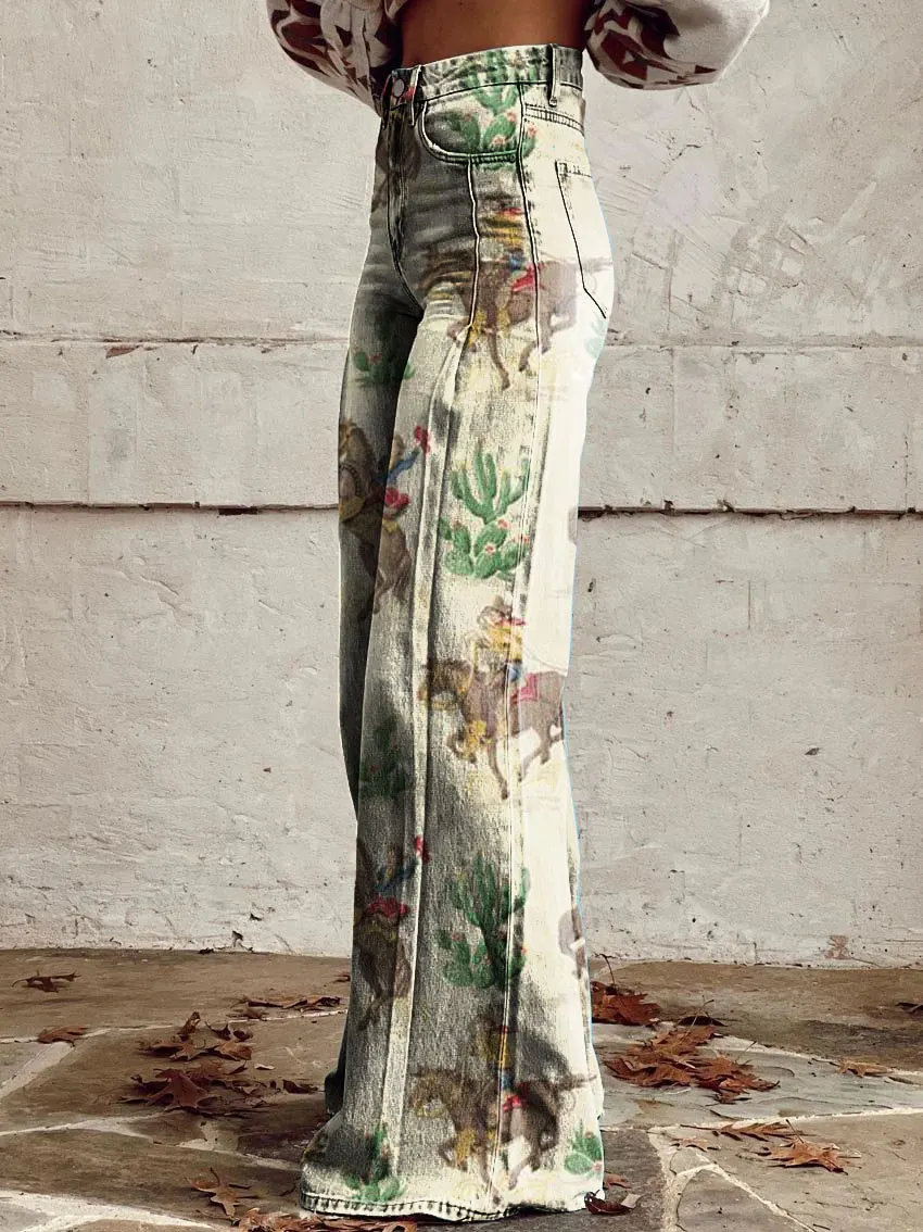 Vintage Western Horse Print Casual Wide-Leg Pants