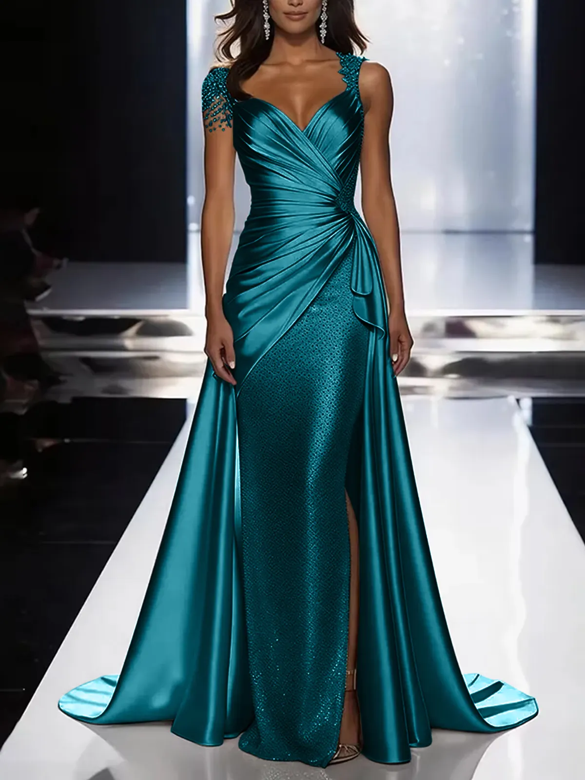 Silver Grey Deep V-Neck Draped Satin Metallic Mermaid Maxi Dress