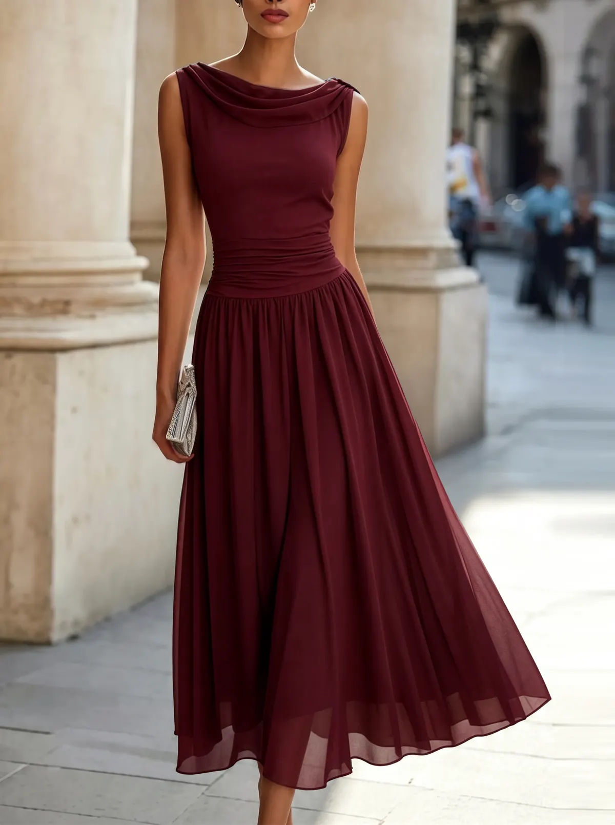 Draped Neck Sleeveless Midi Dress