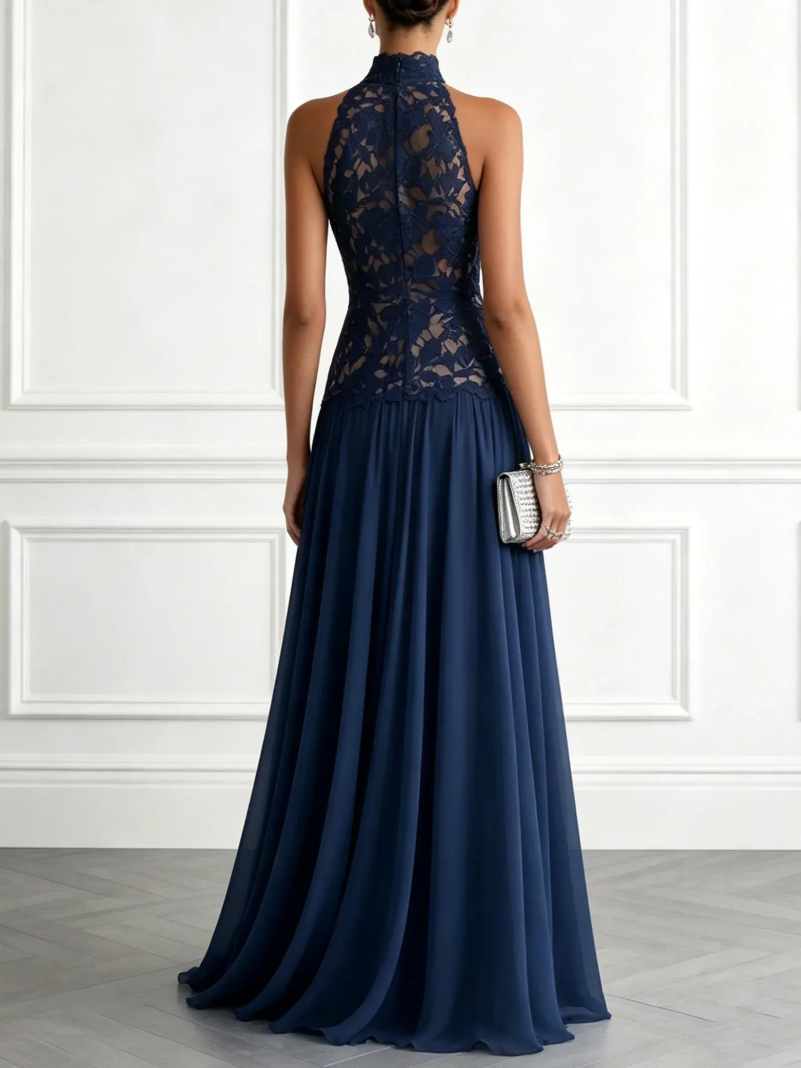 Purplish Blue Lace Lace Halter Neck Sleeveless A-Line Floor Length Dress