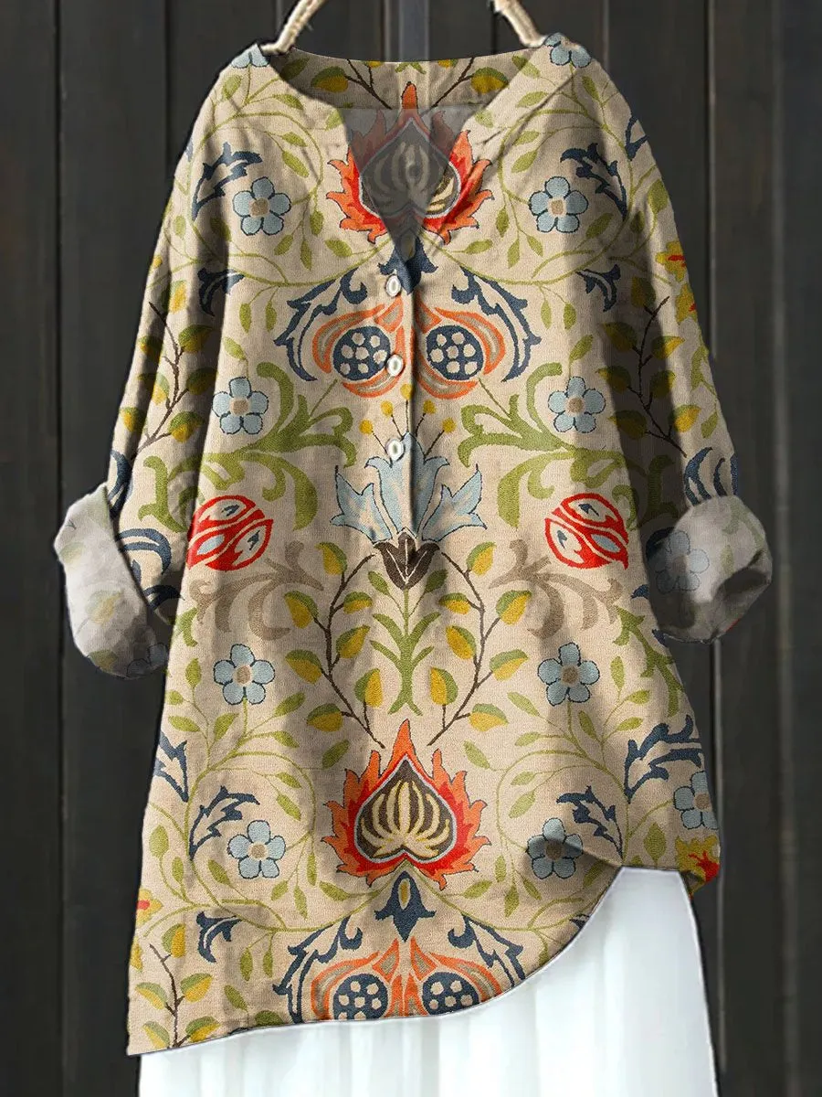 Vintage Ethnic Floral Art Print Casual Cotton & Linen Shirt