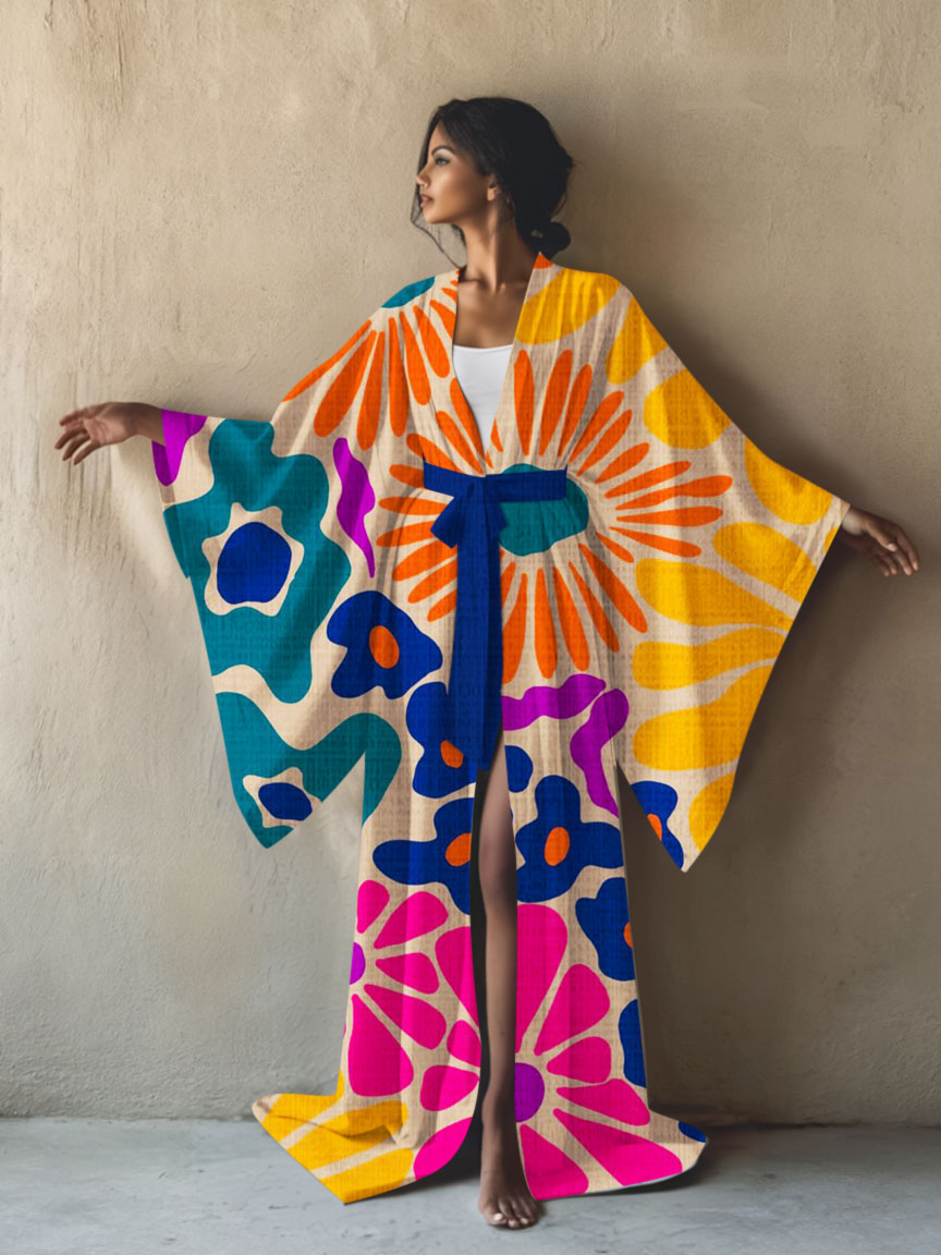 Artistic pattern resort kimono robe (with belt)