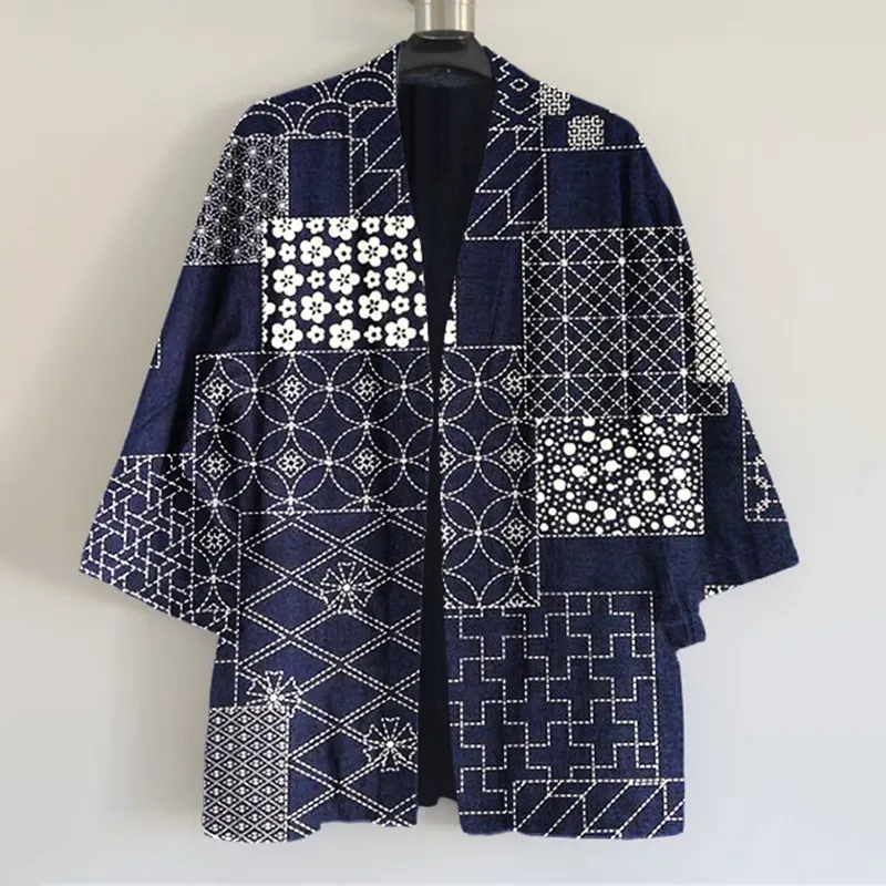 Vintage Japanese Traditional Sashiko Patchwork Art Print Blend Kimono Cardigan