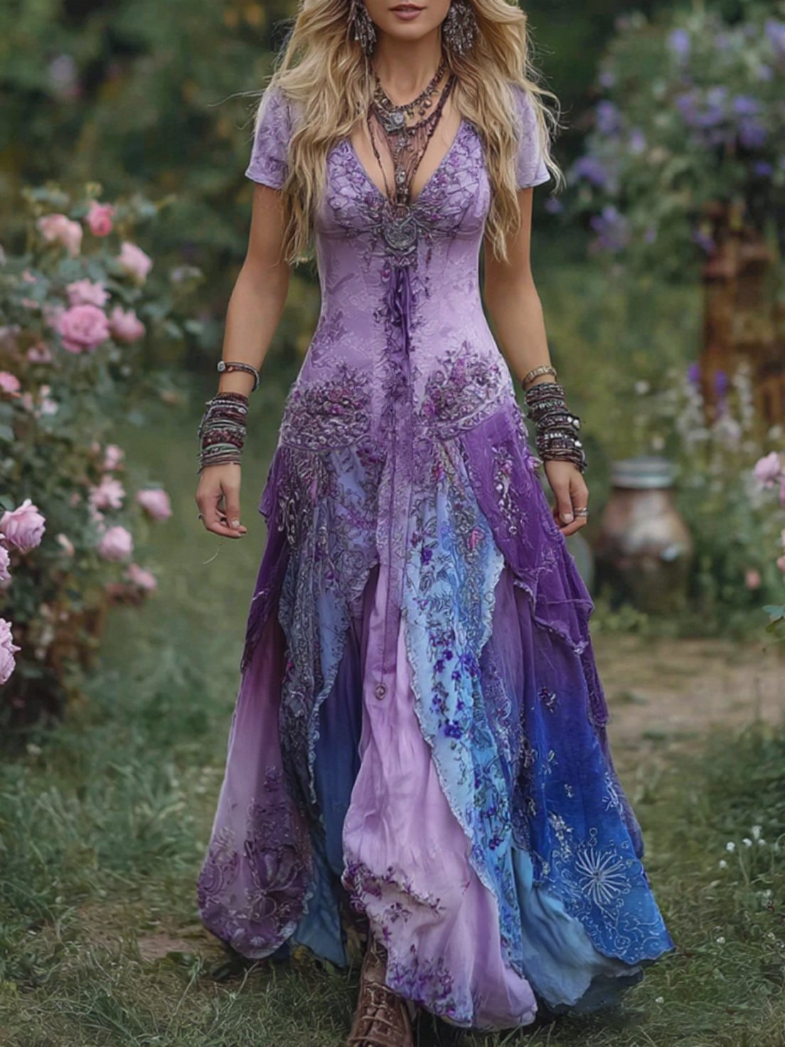 Vintage Gradient Purple Floral Embroidered Maxi Dress