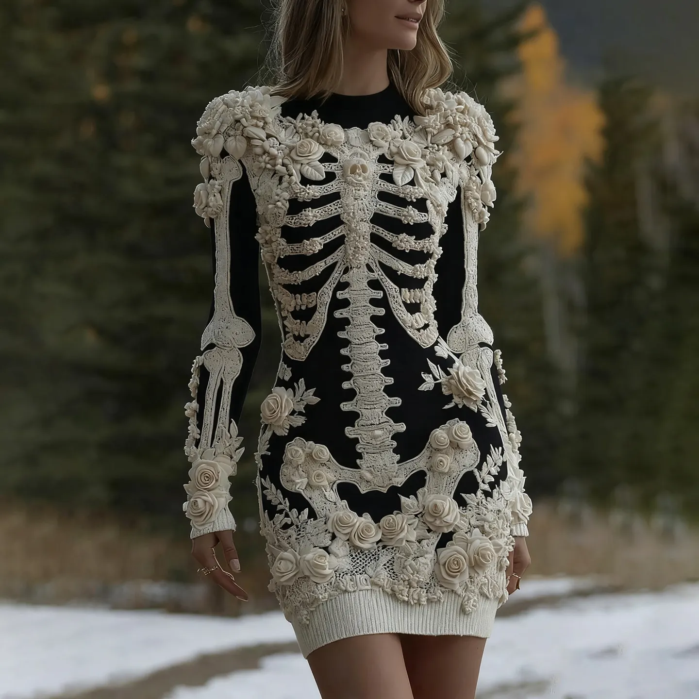 Women's Halloween Skeleton Bones With Rose Art Cozy Knit Mini Sweater Dress