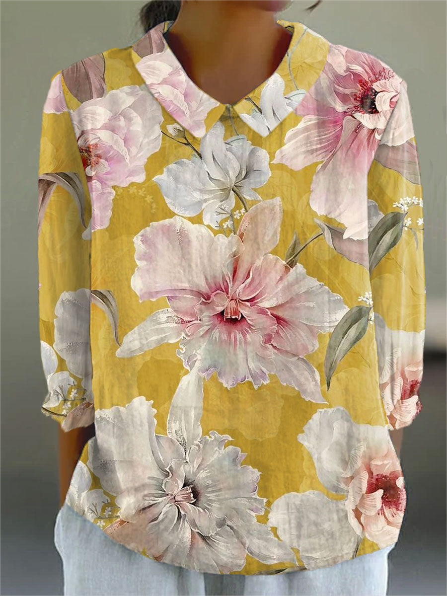 Vintage Flower Art Print Casual Cotton & Linen 3/4 Sleeve Shirt